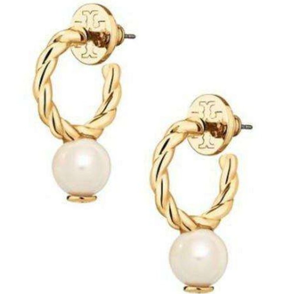 Tory Burch Twisted Rpoe Hoop Pearl Pave Logo Drop Earrings